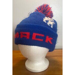 Vintage Mack Truck Knit Beanie Hat Pompoms & Bulldog Logo Blue Red Winter Cap